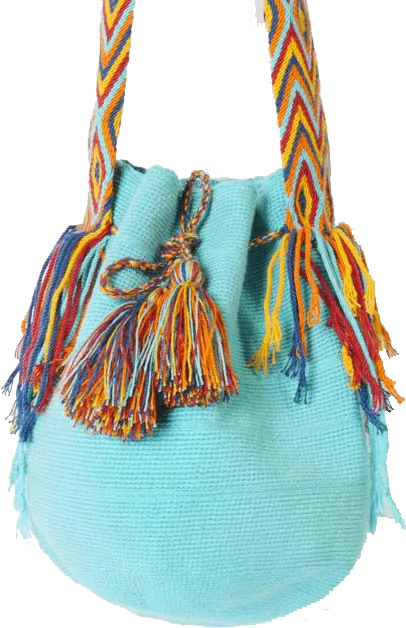 Einfarbig türkise Mochila Wayuu mit bunter Kordel und Quasten