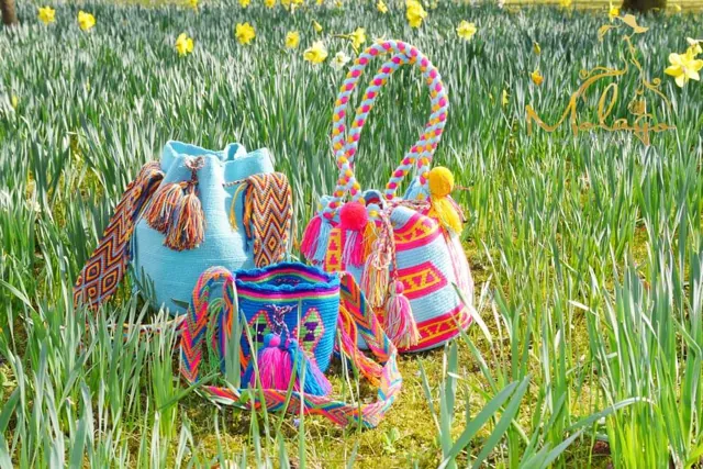 Drei Mochilas zwischen Osterglocken