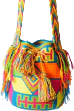 Mochila Wayuu in Orange und Türkis mit bunten Quasten