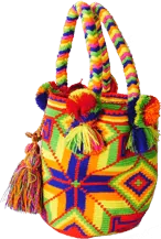 Mochila Wayuu mit großem achtzackigem Stern in Rot, Blau und Grün